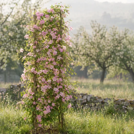 Clématite 'Mayleen' (Clematis montana) — grande liane fleurie palissée sur un support · Photo d'illustration