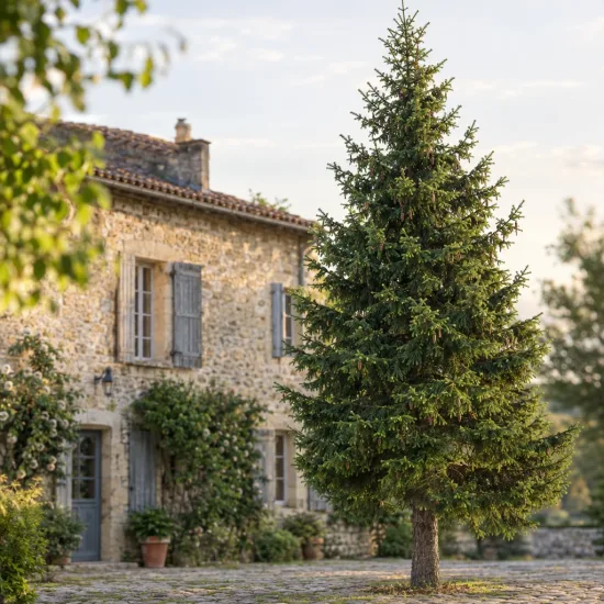 Sapin de douglas 'Menziesii' (Pseudotsuga douglasii) — grand conifère isolé devant maison en pierre · Photo d'illustration