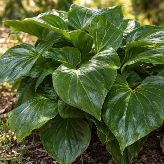 Lis géant de l'himalaya (Cardiocrinum giganteum) — touffe dense de grandes feuilles vernissées · Photo d'illustration