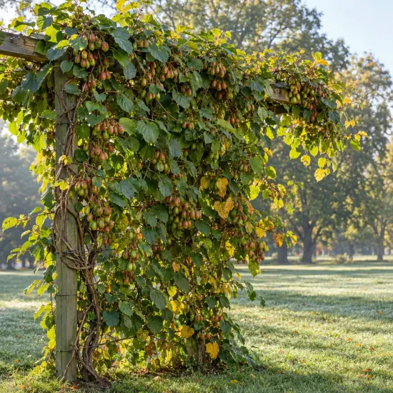 Kiwaï 'Lucy' (Actinidia arguta) — liane fruitière grimpant sur pergola en bois
