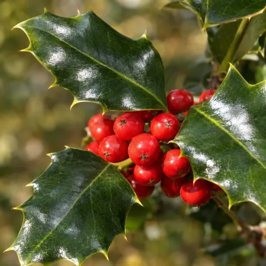 Houx commun 'Nellie ® stevens' (Ilex aquifolium) — gros plan de feuilles luisantes et baies rouges · Photo d'illustration