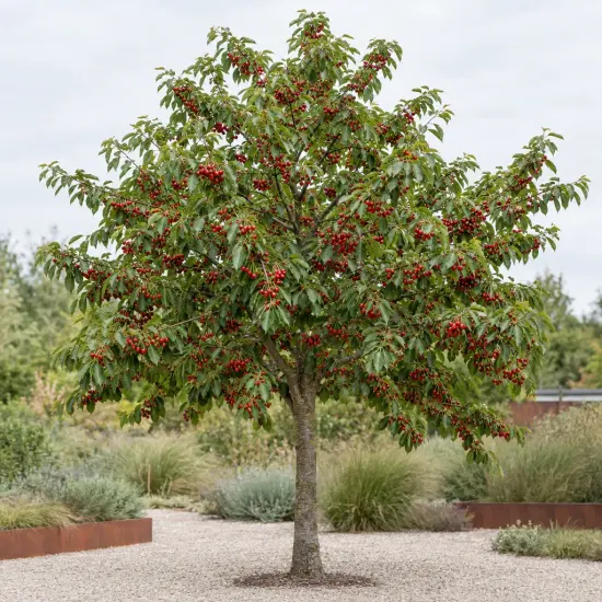 Cerisier 'Sweetheart' (Prunus avium) — arbre chargé de fruits rouges dans massif minéral
