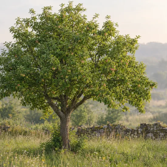 Pommier 'Mm111' (Malus domestica) — arbre fruitier isolé dans une prairie herbeuse · Photo d'illustration