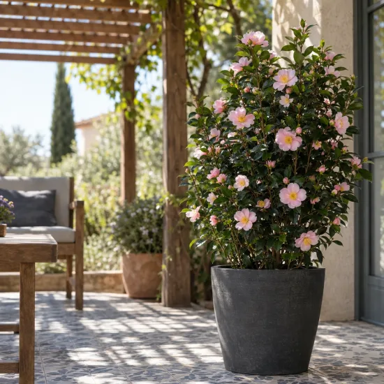 Camelia 'Pink goddess' (Camelia sasanqua) — arbuste fleuri rose en pot sur terrasse · Photo d'illustration