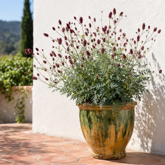 Pimprenelle 'Tanna' (Sanguisorba officinalis) — touffe florale en pot sur terrasse ensoleillée · Photo d'illustration
