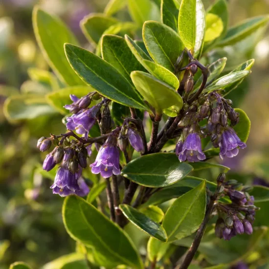 Pittospore 'Pompom' (Pittosporum tenuifolium) — petites fleurs violettes en clochettes parmi le feuillage · Photo d'illustration