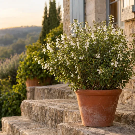 Sauge gregii 'Alba' (Salvia gregii) — arbuste fleuri blanc en pot sur marches en pierre · Photo d'illustration