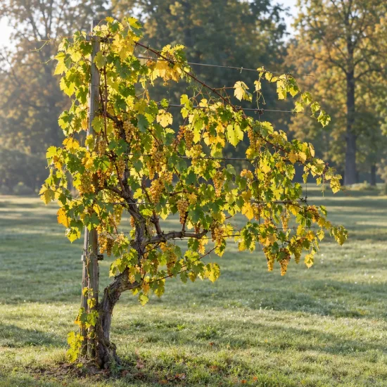 Vigne 'Chardonnay' (Vitis vinifera) — pied de vigne palissé chargé de grappes · Photo d'illustration