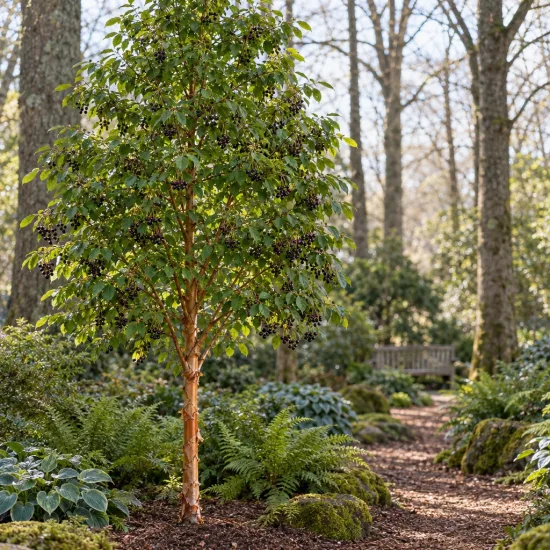 Cerisier de mandchourie 'Amber beauty' (Prunus maackii) — arbre à fruits sombres dans un massif de jardin · Photo d'illustration