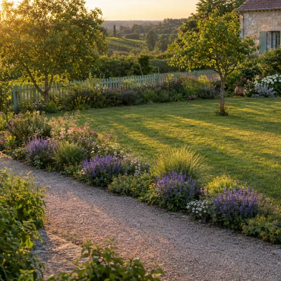 Sauge des bois 'New dimension blue' (Salvia nemorosa) — massif fleuri en bord d’allée gravillonnée au jardin · Photo d'illustration