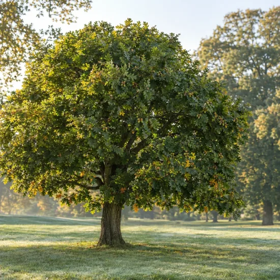 Chêne denté (Quercus dentata) — grand arbre isolé sur pelouse au parc · Photo d'illustration