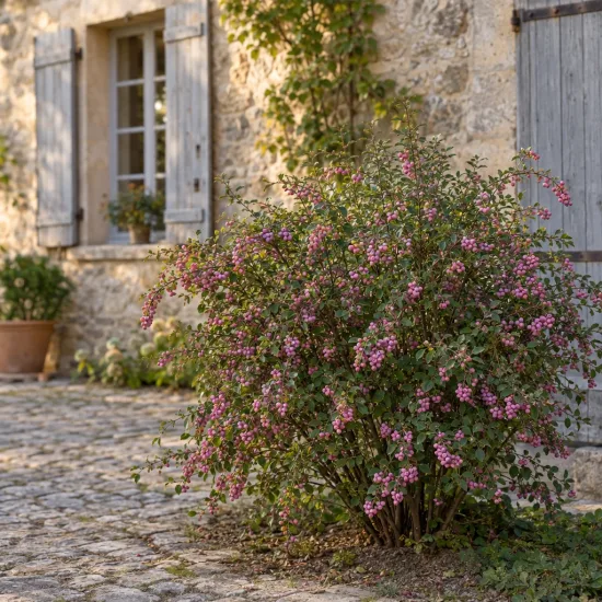 Symphorine de doorenbos à fruits roses 'Magic berry' (Symphoricarpos × doorenbosii) — arbuste à baies roses devant maison en pierre