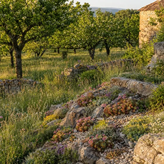 Joubarbe 'Sirius' (Sempervivum) — massif de plantes grasses sur muret en pierre · Photo d'illustration