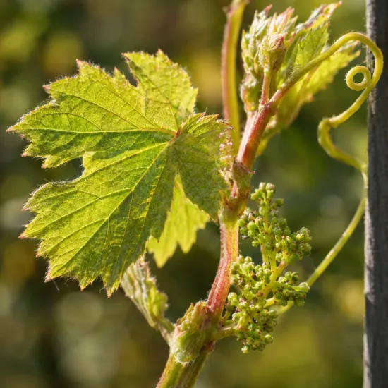 Cépage de table blanc 'Noah' (Vitis vinifera) — jeune rameau avec feuille et grappes naissantes · Photo d'illustration