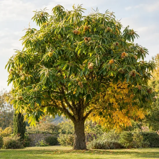 Châtaigner 'Bournette' (Castanea sativa) — arbre isolé avec bogues de fruits épineuses · Photo d'illustration