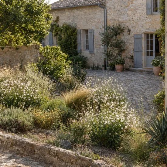Gaura 'White' (Gaura steffi) — massif de vivaces fleuries devant maison en pierre · Photo d'illustration