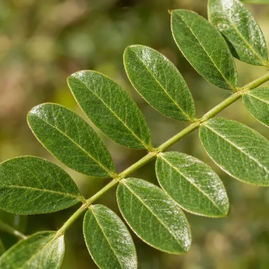 Réglisse glabre (Glycyrrhiza glabra) — gros plan sur feuille composée verte brillante · Photo d'illustration