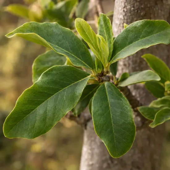 Magnolia 'Yellow lantern' — gros plan sur jeunes feuilles vertes