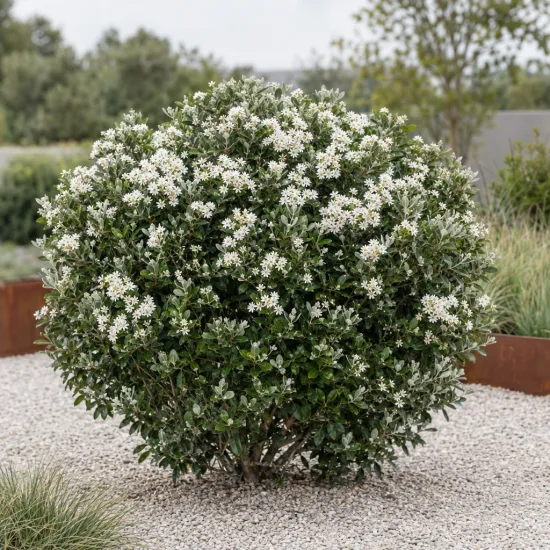 Marguerite de nouvelle-zélande (Olearia haastii) — arbuste rond couvert de petites fleurs blanches · Photo d'illustration