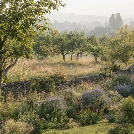 Barbe-bleue 'Kew blue' (Caryopteris clandonensis) — massif de vivaces fleuries devant muret de pierre · Photo d'illustration
