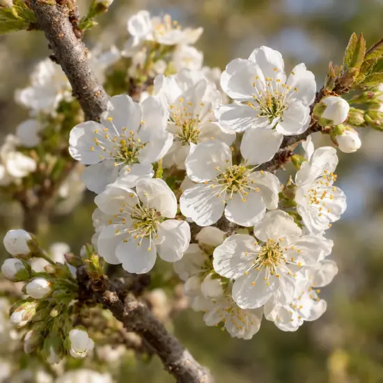 Cerisier 'Noire de meched' (Prunus avium) — grappe de fleurs blanches sur branche