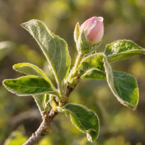 Cognassier d'angers 'Angers' (Cydonia oblonga) — bourgeon floral rosé sur rameau feuillé