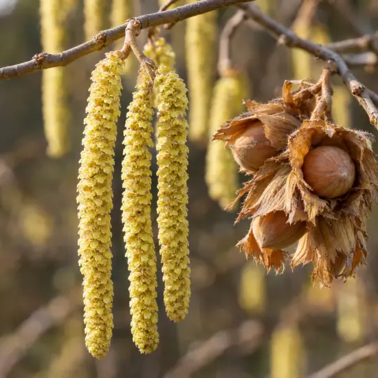 Noisetier 'Tonda gentile delle langhe' (Corylus avellana) — chatons pendants et noisettes mûres sur branche