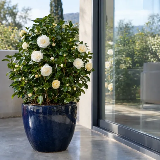 Camélia du japon 'Dahlenoga creme' (Camellia japonica) — arbuste fleuri en pot bleu près d’une baie vitrée · Photo d'illustration