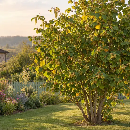 Noisetier 'Tonda gentile delle langhe' (Corylus avellana) — arbre buissonnant avec chatons et fruits ronds