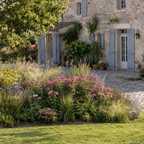 Alstrœmères (Alstroemeria) — massif fleuri devant maison en pierre ensoleillée · Photo d'illustration