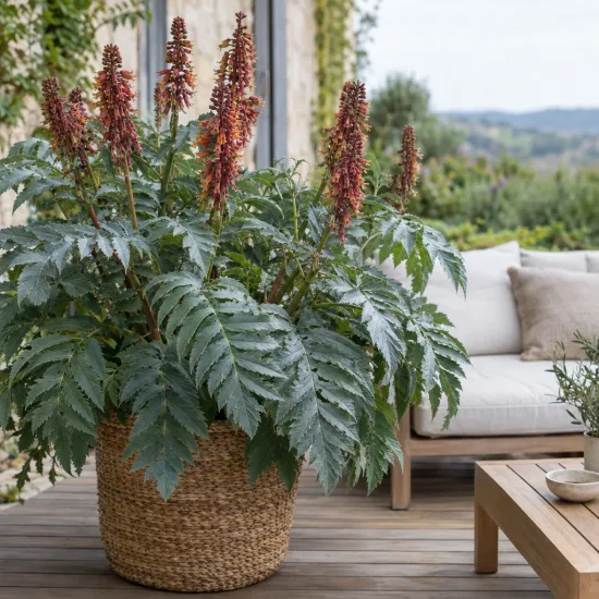 Grande mélianthe (Melianthus major) — grand feuillage découpé avec épis floraux dressés · Photo d'illustration