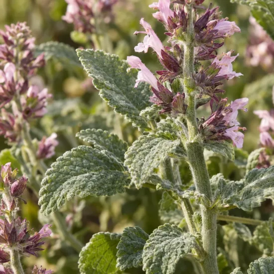 Menthe aux chats 'Dawn to dusk' (Nepeta grandiflora) — grappes de petites fleurs roses sur tiges feuillées · Photo d'illustration