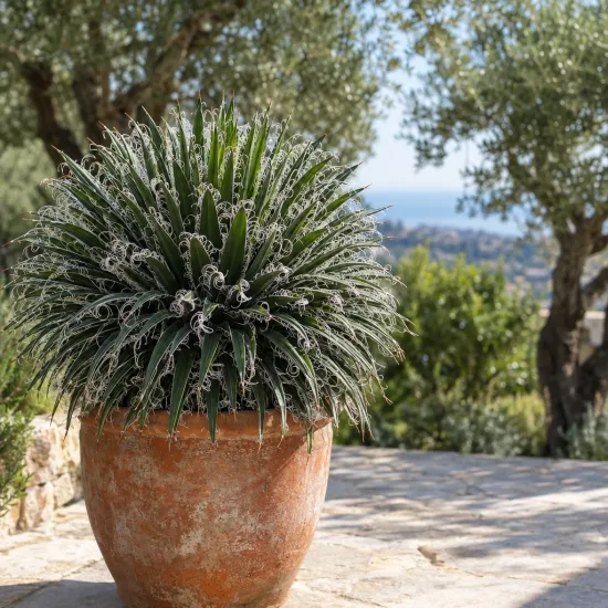 Agave à fleurs géminées 'Rastaman' (Agave geminiflora) — plante graphique en boule dans un pot en terre