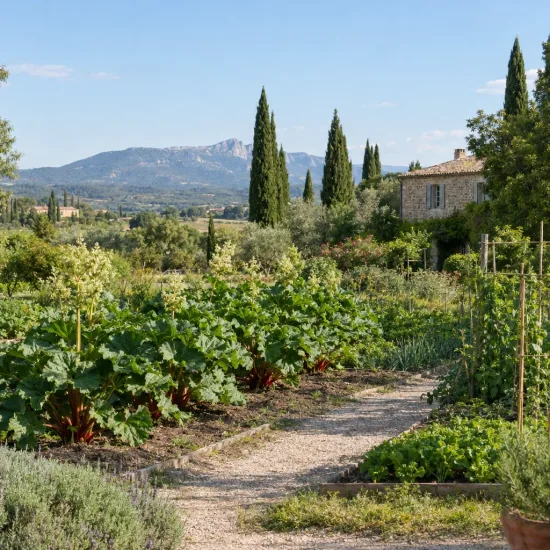 Rhubarbe géante victoria 'Victoria' (Rheum rhabarbarum) — massifs potagers verdoyants le long d'un sentier · Photo d'illustration