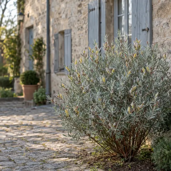 Saule crevette 'Iceberg alley' (Salix candida) — arbuste buissonnant au feuillage gris devant maison