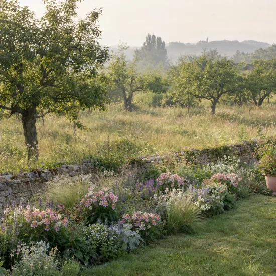 Alstrœmères (Alstroemeria) — massif de vivaces fleuries le long d’un muret · Photo d'illustration