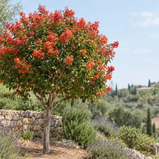 Lilas des indes (Lagerstroemia) — arbre fleuri isolé sur restanque en pierre · Photo d'illustration