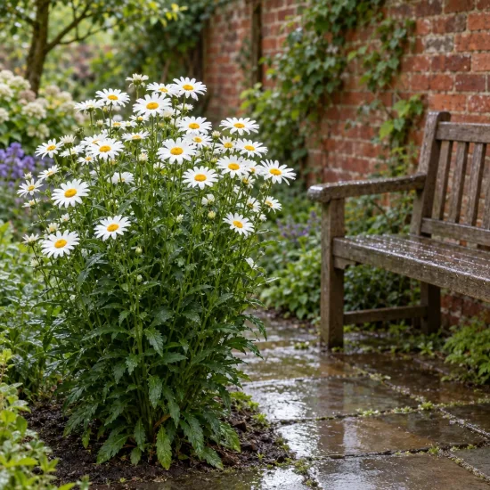Marguerites 'Alaska' (Leucanthemum superbum) — touffe de grandes fleurs blanches près d'un banc · Photo d'illustration