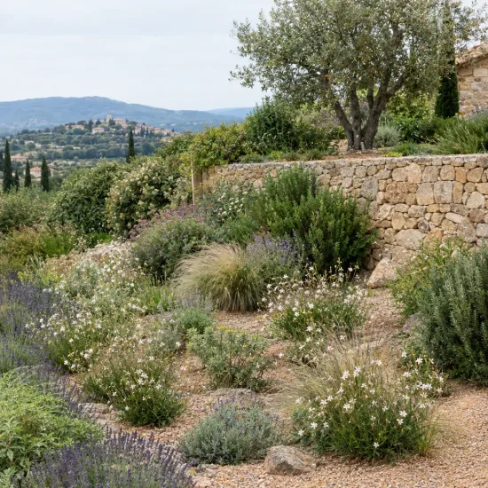 Gaura blanche compact 'Short form' (Gaura lindheimeri) — massif naturaliste avec vivaces fleuries et arbre · Photo d'illustration