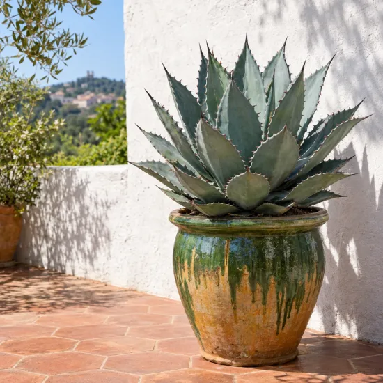 Agave des montagnes 'Hybride' (Agave montana) — grand agave graphique en pot vernissé sur terrasse · Photo d'illustration