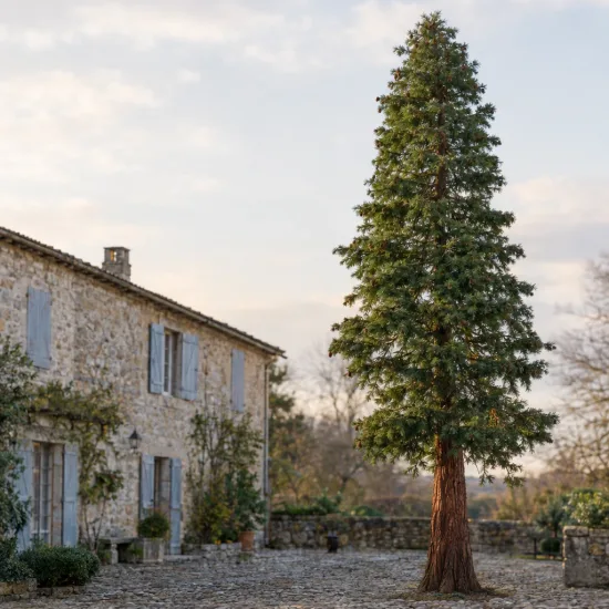 Le séquoia à feuilles d'if (Sequoia sempervirens) — grand conifère élancé devant maison en pierre · Photo d'illustration