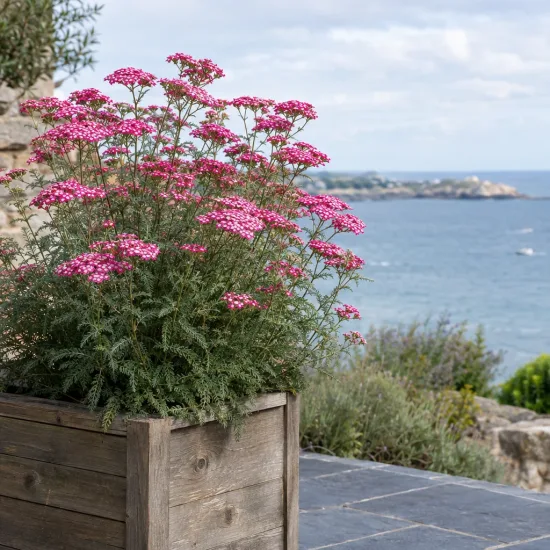 Achillée 'Cerise queen' (Achillea millefolium) — plante fleurie rose en bac bois devant la mer · Photo d'illustration