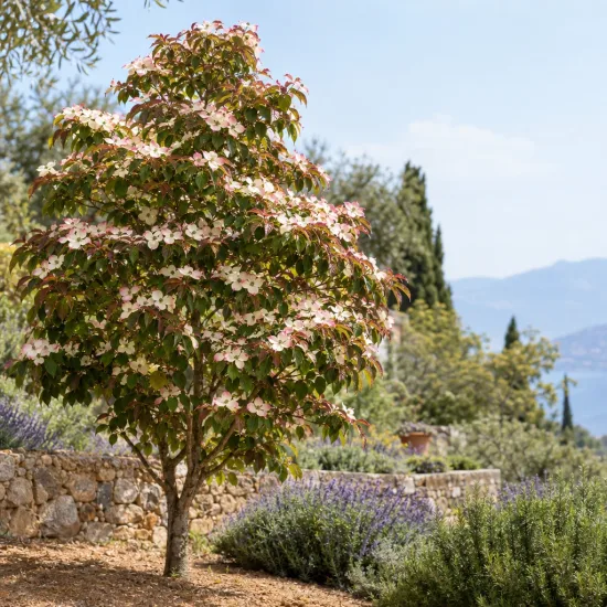 Cornouiller du japon 'Copacabana' (Cornus kousa) — arbre ornemental en fleurs dans un jardin méditerranéen · Photo d'illustration