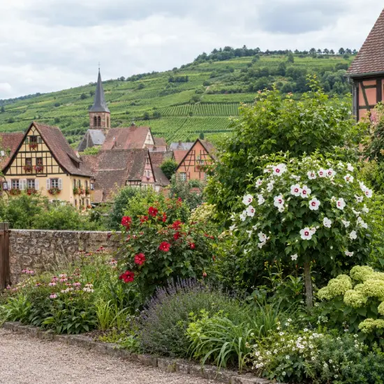 Althéa 'Walberton's lunar flare' (Hibiscus syriacus) — massif fleuri devant village alsacien et vignobles