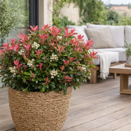 Photinia 'Little fenna' (Photinia fraseri) — arbuste en pot sur terrasse avec mobilier