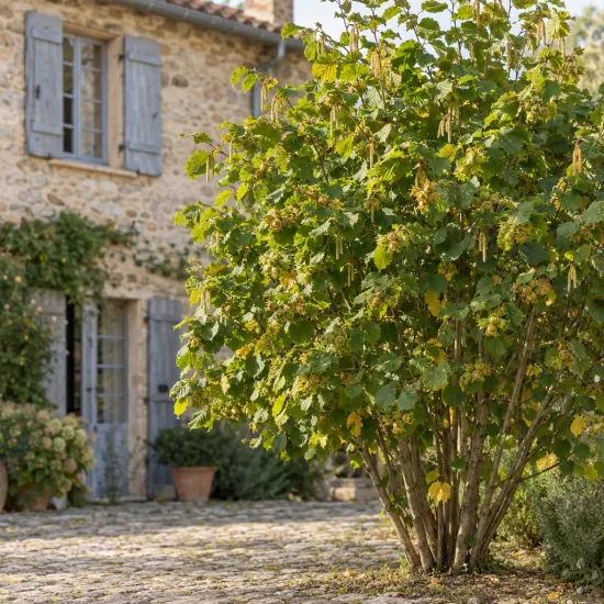 Noisetier segorbe 'Segorbe' (Corylus avellana) — grand arbuste buissonnant près d’une maison · Photo d'illustration