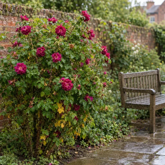 Rosier rugueux poupre 'Roseraie de l'haÿ' (Rosa rugosa) — arbuste fleuri près d'un banc en bois · Photo d'illustration