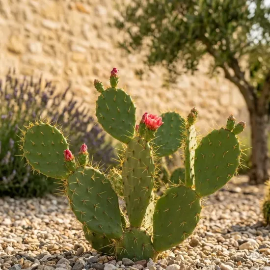 Figuier de barbarie 'Flavispina' (Opuntia phaecantha) — cactus épineux avec fleurs roses sur gravier