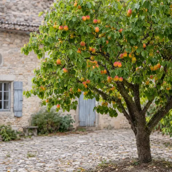 Abricotier 'Royal' (Prunus armeniaca) — arbre fruitier chargé de fruits orangés, cour pavée