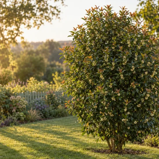 Osmanthe armée (Osmanthus armatus) — grand arbuste fleuri isolé sur pelouse ensoleillée · Photo d'illustration